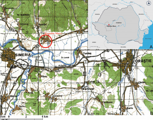 Fig. 1. Localizarea satului Rapoltu Mare pe teritoriul României (A) şi pe harta topografică militară din 1996 (B)